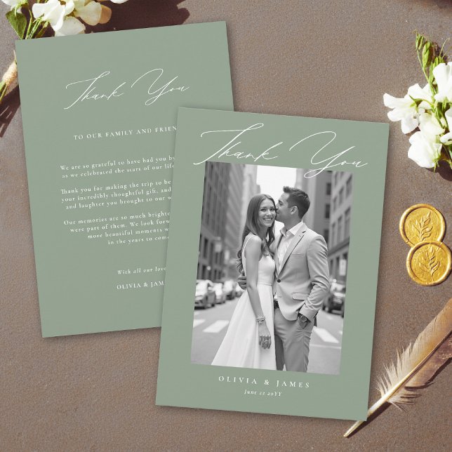 Tarjeta De Agradecimiento Sage Green White Modern Calligraphy Simple Wedding (sage green wedding thank you photo card elegant modern calligraphy white simple contemporary)