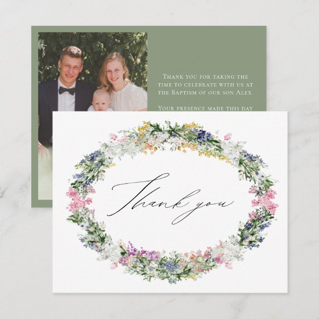 Tarjeta De Agradecimiento Sage Green Wildflower Wreath Baptism Photo (Anverso / Reverso)