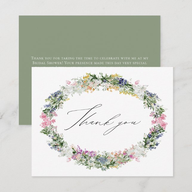Tarjeta De Agradecimiento Sage Green Wildflower Wreath Wedding Bridal Shower (Anverso / Reverso)