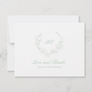 Tarjeta De Agradecimiento Sage Green Wreath Monograma Foto Elegante Boda