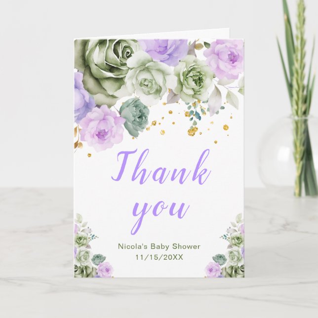 Tarjeta De Agradecimiento Sage Green y Purple Floral Baby Shower (Anverso)