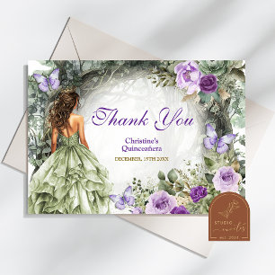 Tarjeta De Agradecimiento Sage Púrpura Verde Caprichoso Bosque Quinceañera