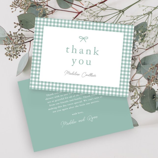 Tarjeta De Agradecimiento Sage simple Green Gender Neutral Baby Shower (Sage green bow gingham gender neutral  baby shower thank you cards.)