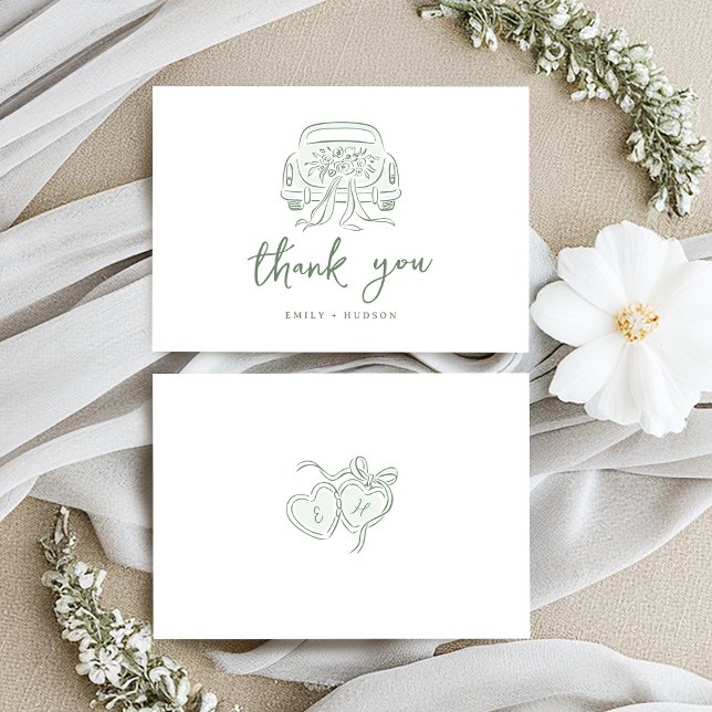 Tarjeta De Agradecimiento Sage Sketched Just Married Car Couples Monogram (Sage Sketched Just Married Car Couples Monogram Thank You Card)