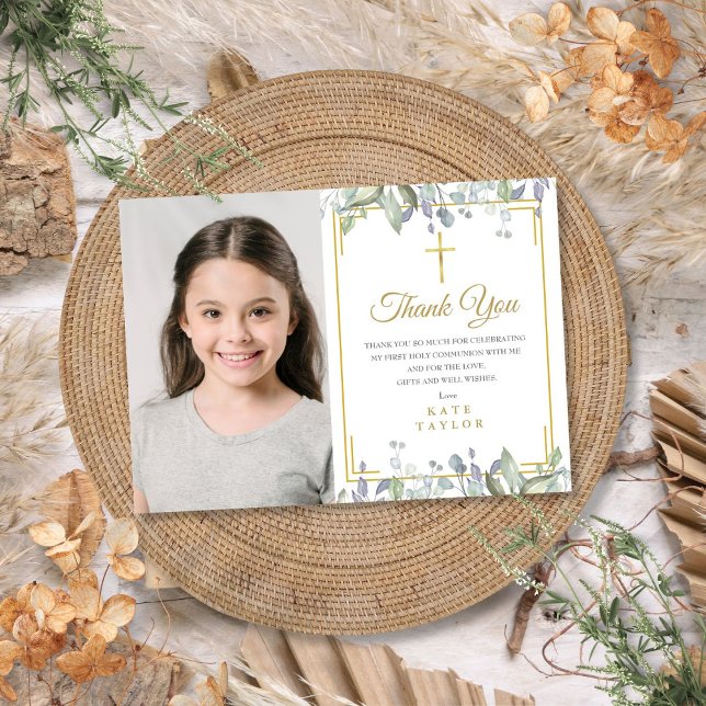 Tarjeta De Agradecimiento Sage y Lilac Floral Primera foto de la Santa Comun (Sage and Lilac Floral First Holy Communion Photo Thank You Card)