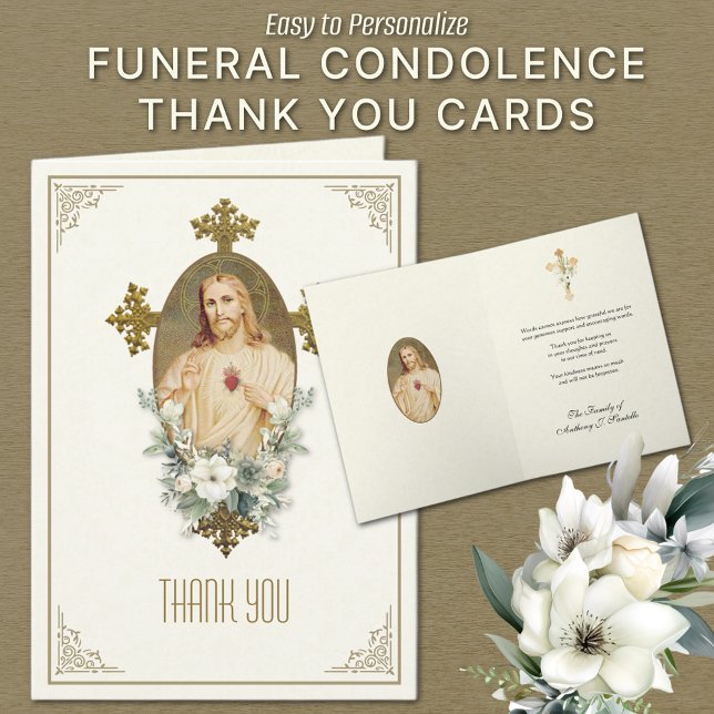 Tarjeta De Agradecimiento Sagrado Corazón Jesús Condolencia Funeral Gracias (Personalized Funeral Condolence Thank You Cards - Sacred Heart of Jesus)