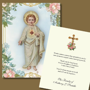 Tarjeta De Agradecimiento Sagrado Corazón y Crucifijo Floral Funeral