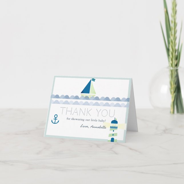 Tarjeta De Agradecimiento Sailboat & Lighthouse Nautical Blue Baby Shower (Anverso)