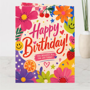 Tarjeta De Agradecimiento Saludo de cumpleaños colorido y retro con flores e