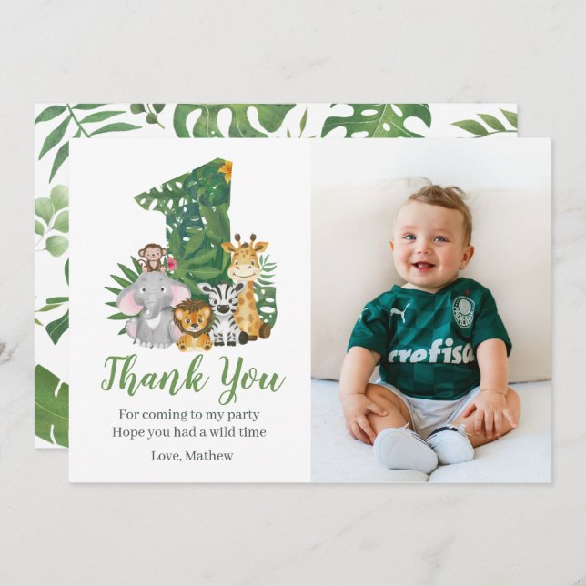 Tarjeta De Agradecimiento Salvaje un bebé primer cumpleaños Safari de la jun (Anverso / Reverso)