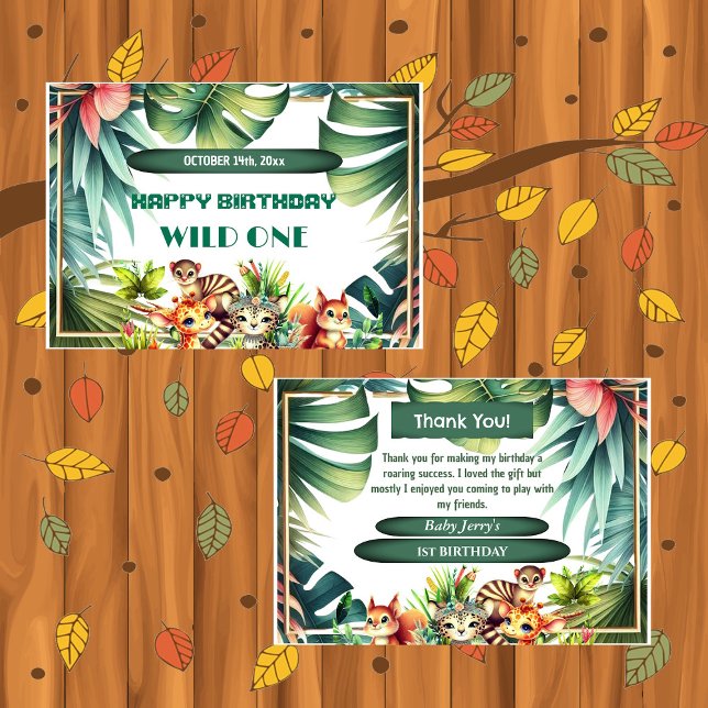 Tarjeta De Agradecimiento Salvaje Un Cumpleaños Selva Safari Verdor Tropical (Wild One Birthday Jungle Safari Tropical Leaves Greenery Thank You Card)