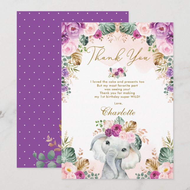 Tarjeta De Agradecimiento Salvaje Un Elefante Boho Pink Purple Floral Cumple (Anverso / Reverso)