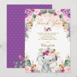 Tarjeta De Agradecimiento Salvaje Un Elefante Boho Pink Purple Floral Cumple
