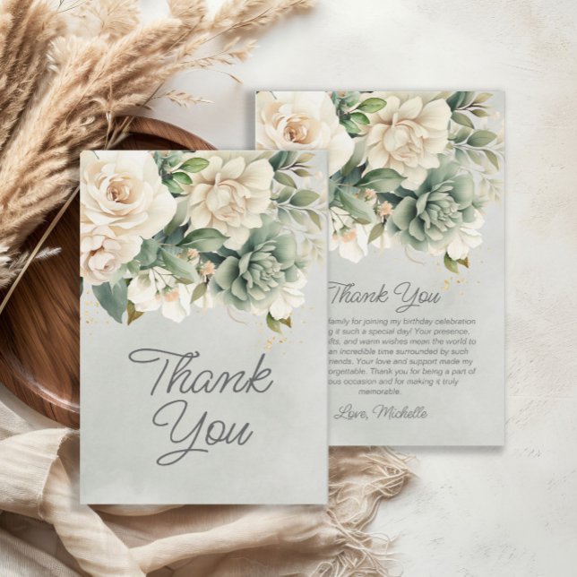 Tarjeta De Agradecimiento Salvia Blanca Verde Floral Oro Cumpleaños Gracias (Elegant white and sage green floral birthday party "Thank You" card)