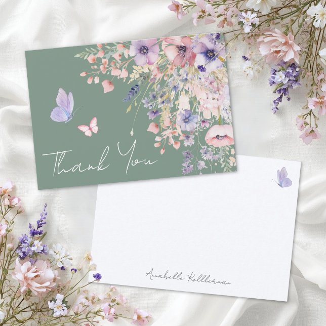 Tarjeta De Agradecimiento Salvia Mariposa Verde Flor Silvestre (Butterfly Sage Green Wildflower Thank You Card)