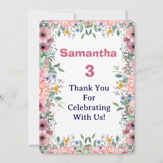 Tarjeta De Agradecimiento Samantha Floral Thank You Card, 3rd Birthday  (Anverso)