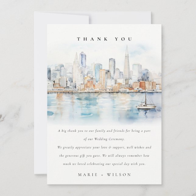 Tarjeta De Agradecimiento San Francisco Watercolor Landscape Wedding (Anverso)