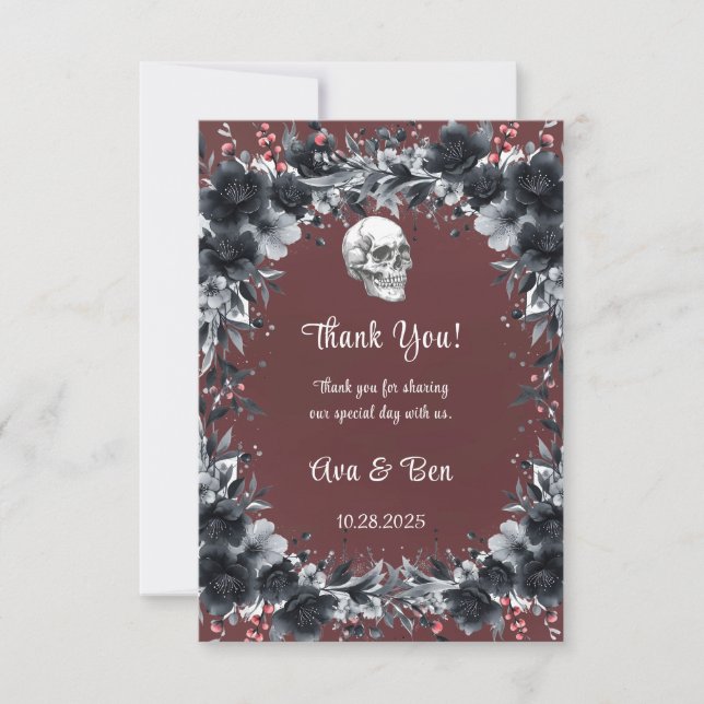 Tarjeta De Agradecimiento Sangre Rojo Gótico Negro Floral Skull Boda (Anverso)