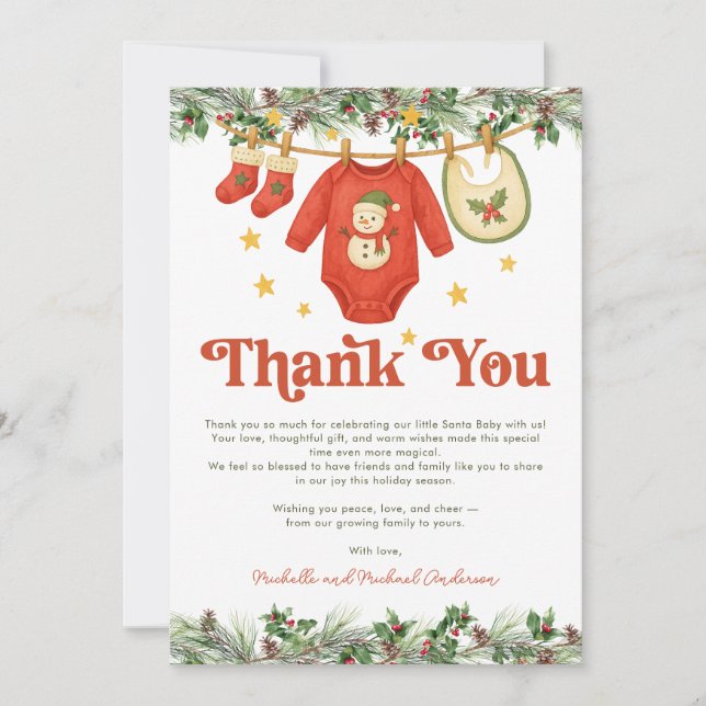 Tarjeta De Agradecimiento Santa Baby Christmas Clothesline Baby Shower  (Anverso)