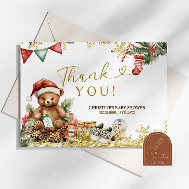 Tarjeta De Agradecimiento Santa Christmas Bear Baby Shower Thank You Card (Subido por el creador)