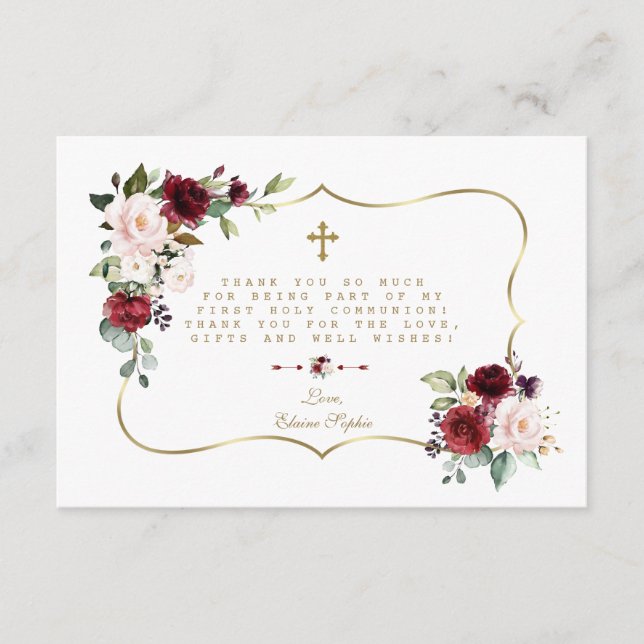 Tarjeta De Agradecimiento Santa Comunión de la Cruz de Oro Floral Rosa Borgo (Anverso)