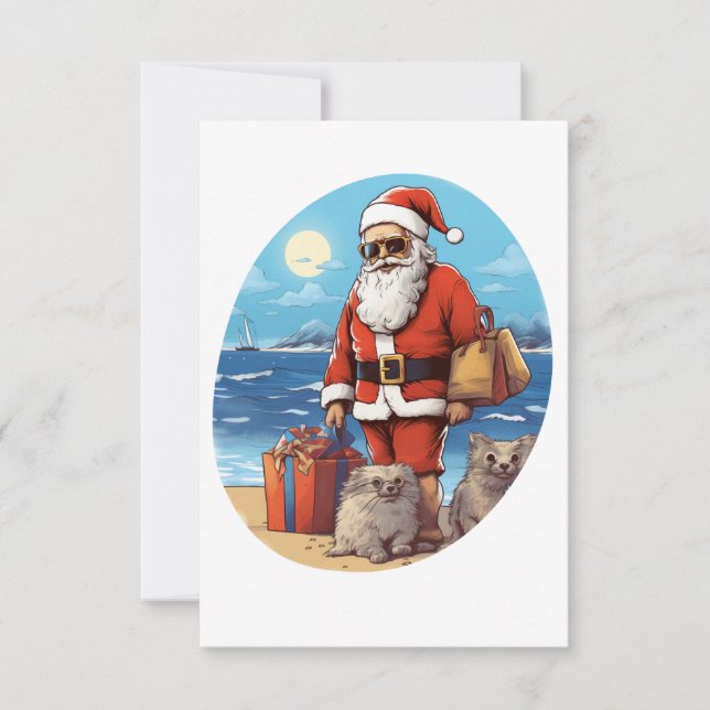 Tarjeta De Agradecimiento Santa en la Playa Vacaciones de Verano Navidad (Anverso)