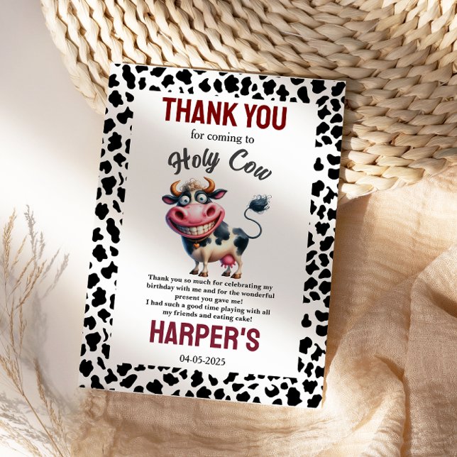 Tarjeta De Agradecimiento ¡Santa Vaca! Cumpleaños 1 | Fiesta de Animales de  (Holy Cow! 1st Birthday | Farm Animal Party Thank You Card
)