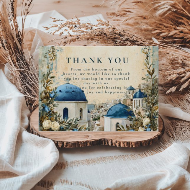 Tarjeta De Agradecimiento Santorini Blue Dome Botanical Destination Wedding (Subido por el creador)
