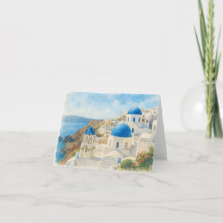 Tarjeta De Agradecimiento Santorini Grecia Acuarela Iglesia de la Cúpula Azu