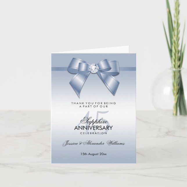 Tarjeta De Agradecimiento Sapphire Gem Bow & Ribbon 45° Aniversario Boda (Anverso)