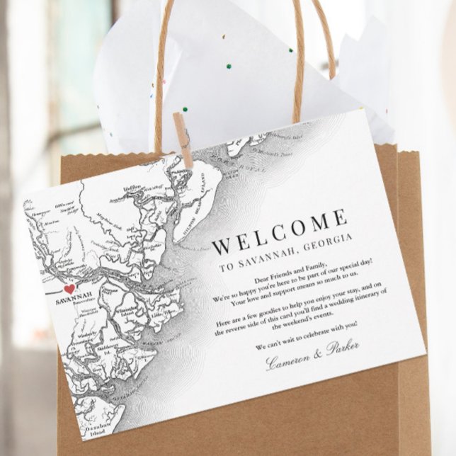 Tarjeta De Agradecimiento Savannah Georgia Boda Bienvenida a Itinerary (Elegant Savannah Georgia Welcome Letter wedding itinerary thank you card in black and white )