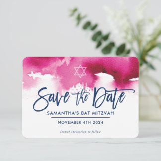 Tarjeta De Agradecimiento SAVE THE DATE MITZVAH modern dark pink watercolor