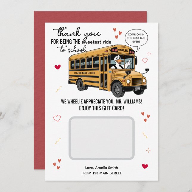 Tarjeta De Agradecimiento School Bus Driver Valentines Day Gift Card Holder (Anverso / Reverso)