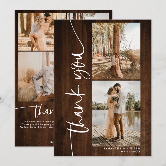 Tarjeta De Agradecimiento Script 5 fotos boda madera rústica gracias (Anverso / Reverso)