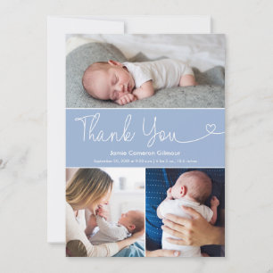 Tarjeta De Agradecimiento Script de Baby Shower Niño Fotos Modernas Azules 3
