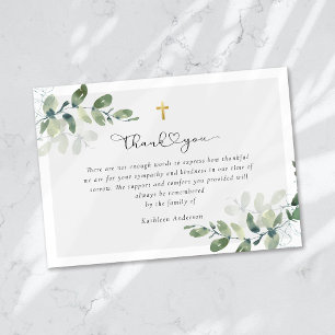 Tarjeta De Agradecimiento Script Gold Cross Eucalyptus Sympathy Funeral
