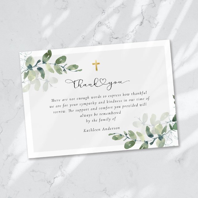 Tarjeta De Agradecimiento Script Gold Cross Eucalyptus Sympathy Funeral (Subido por el creador)