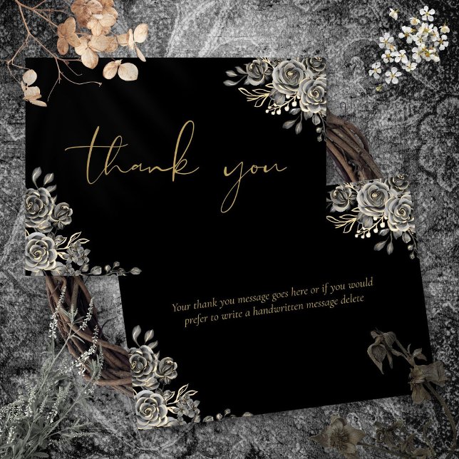 Tarjeta De Agradecimiento Script gótico personalizado negro y dorado (Personalized Gothic Black And Gold Script Thank You Card)