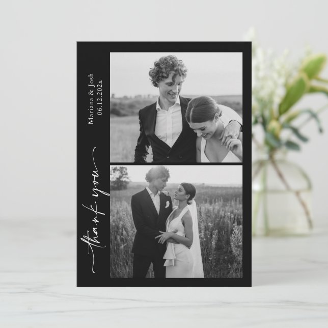 Tarjeta De Agradecimiento Script Modern Wedding 2 Photos Thank You Card (Anverso de pie)