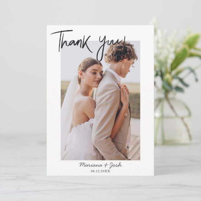 Tarjeta De Agradecimiento Script Modern Wedding 2 Photos Thank You Card (Anverso de pie)