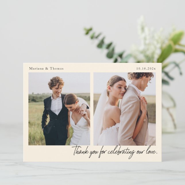 Tarjeta De Agradecimiento Script Modern Wedding 2 Photos Thank You Card (Anverso de pie)
