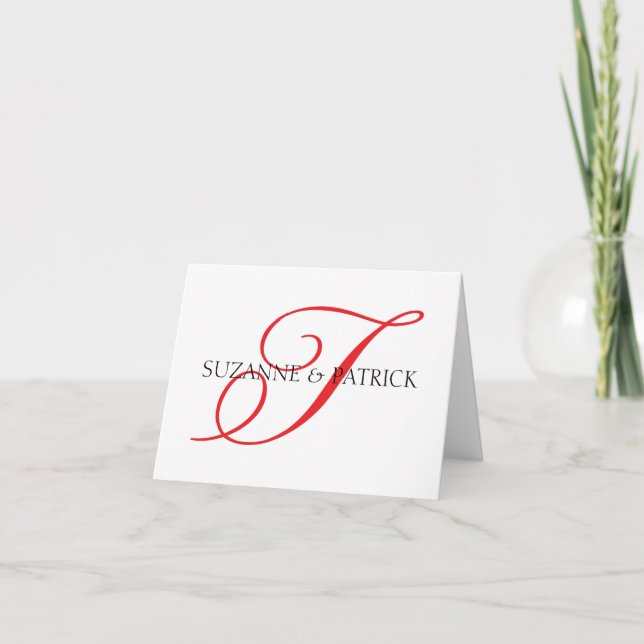 Tarjeta De Agradecimiento Script T Monograma Notecard (Rojo / Negro) (Anverso)