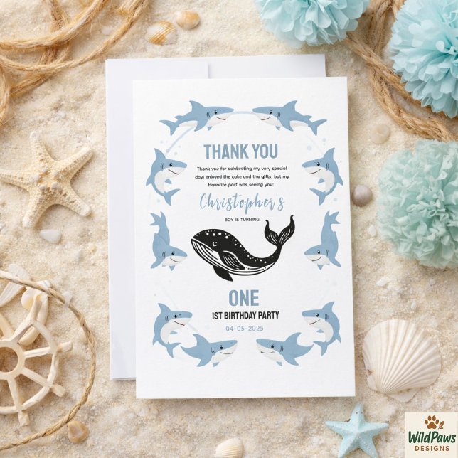 Tarjeta De Agradecimiento Sea Animals Shark 1st Birthday | Under the Sea (Sea Animals Shark 1st Birthday | Under the Sea Thank You Card
)