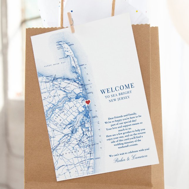 Tarjeta De Agradecimiento Sea Bright New Jersey Boda Bienvenida Itinerary (This Sea Bright New Jersey Welcome letter is perfect for a Jersey Shore destination wedding)