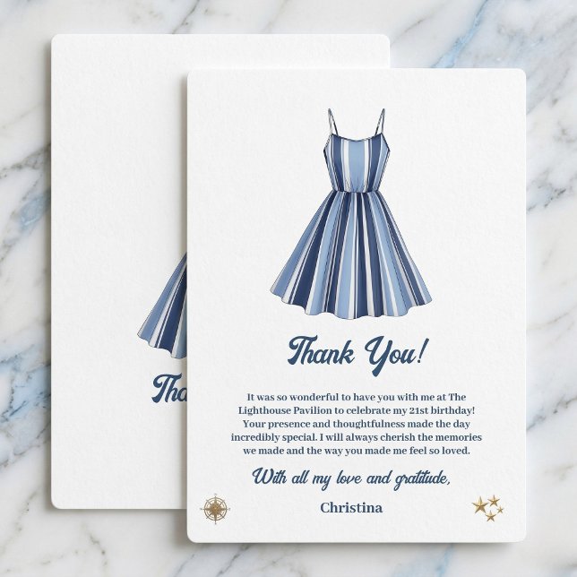 Tarjeta De Agradecimiento Seaside Stripes Celebration Birthday    (Coastal chic birthday gratitude cards.)