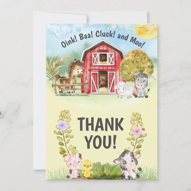 Tarjeta De Agradecimiento Segundo cumpleaños de la granja Animal (Anverso)