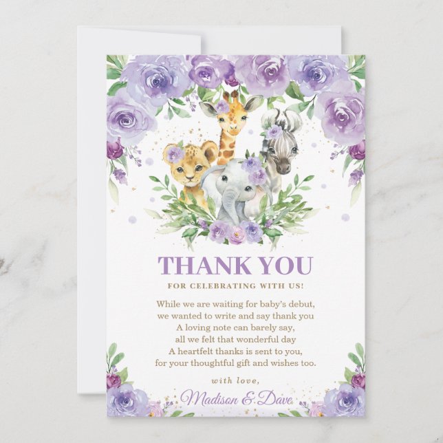 Tarjeta De Agradecimiento Selva Animal Safari Purple Floral Baby Shower (Anverso)