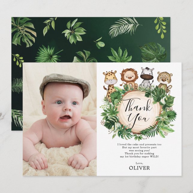 Tarjeta De Agradecimiento Selva de animales Safari Greenery Foto de cumpleañ (Anverso / Reverso)
