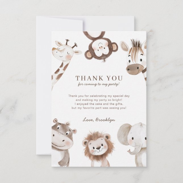 Tarjeta De Agradecimiento Selva de Safari Neutral Cute Primer Cumpleaños (Anverso)