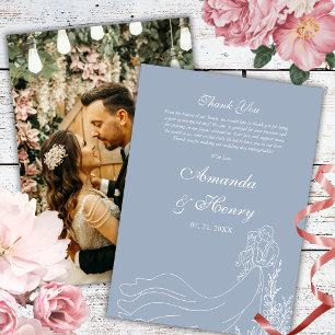 Tarjeta De Agradecimiento Sencilla Pareja Dibujada a Mano Foto Boda Azul Dus